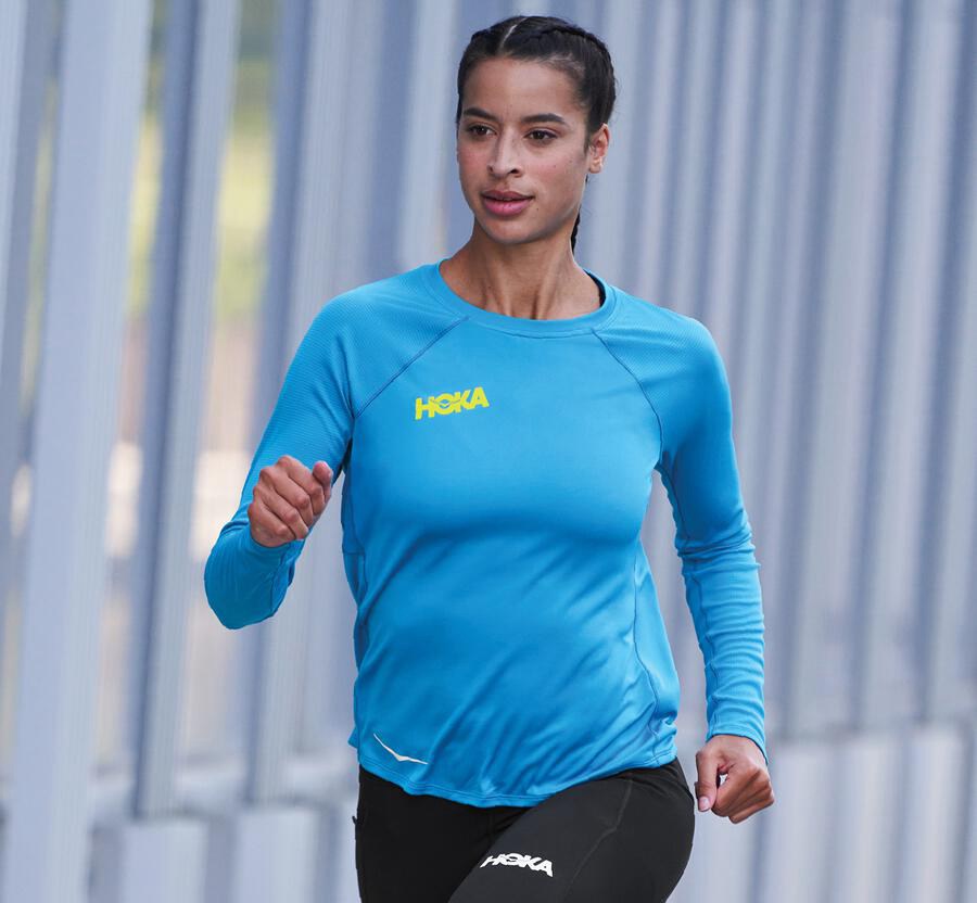 Hoka One One Top Kadın Mavi - Performance Long Sleeve - TF0764893